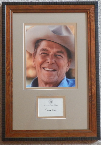Ronald Reagan In Cowboy Hat Display with Signed Post-It-Note