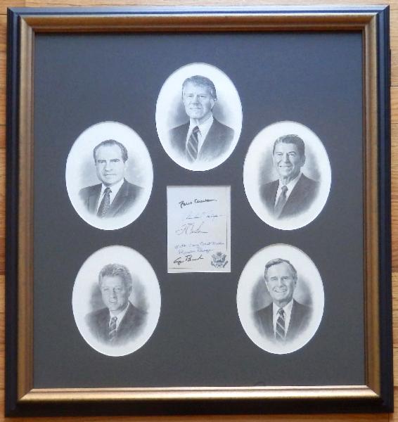 Five Presidential Engravings with Signatures Framed