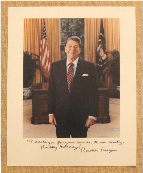 President Ronald Reagan Signed 8 X 10 Color Oval Office Photo Thank you for your Service Holiday Inscription