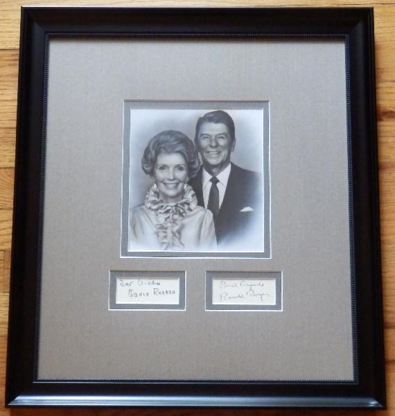 Ronald and Nancy Reagan Unique Newspaper Artwork Framed with Dual Signatures and Extra Inscriptions